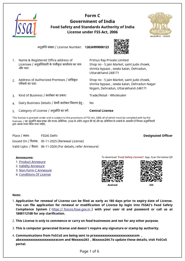 Fssai licence pure connect
